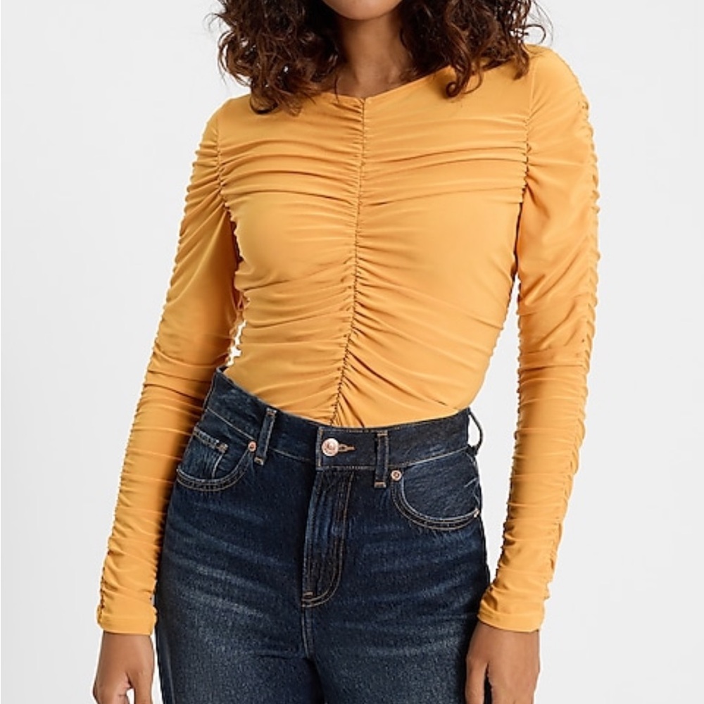 Express Mustard Ruched Long Sleeve Top